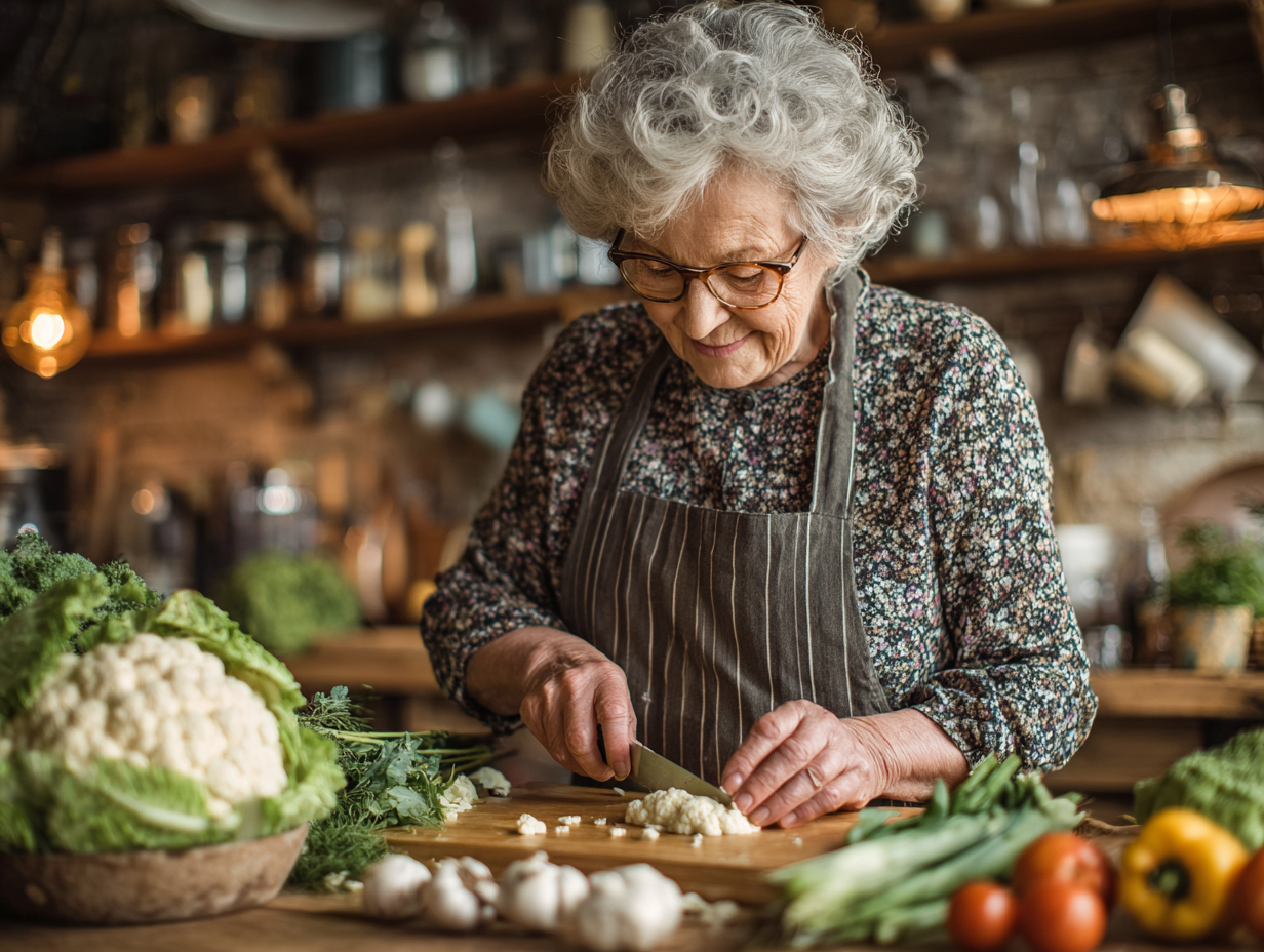 Старші люди готують здорову їжу разом